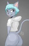  ambiguous_gender anthro blue_eyes blue_hair butt clothed clothing felid feline hair hi_res hoodie mammal pantsless smile smiling_at_viewer solo tail topwear 