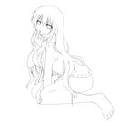  bare_shoulders barefoot breasts cleavage feet finger_to_mouth full_body greyscale hands highres large_breasts legs lineart long_hair megurine_luka monochrome naked_sweater nana_mikoto solo sweater very_long_hair vocaloid 