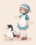  1girl absurdres adelie_penguin apron bird blue_dress blue_hat brown_background brown_eyes brown_footwear brown_hair dress following full_body futami_ya hat highres light_blush looking_at_animal loose_socks nightcap open_mouth original outstretched_arms penguin pom_pom_(clothes) shoes short_dress short_hair short_sleeves simple_background smile socks solo spread_arms walking white_apron white_socks 