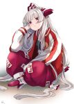  1girl baggy_pants black_camisole bow camisole commentary_request elbow_on_knee expressionless fujiwara_no_mokou full_body hair_bow hand_on_own_ankle hand_up highres indian_style jacket long_hair long_sleeves looking_at_viewer mokoiscat multiple_hair_bows ofuda ofuda_on_clothes on_ground open_clothes open_jacket pants red_bow red_eyes red_jacket red_pants sitting solo sukajan touhou two-tone_bow very_long_hair white_bow white_hair white_jacket 