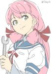  1girl akashi_(kancolle) blue_sailor_collar closed_mouth fubupula green_eyes hair_ribbon highres holding holding_wrench kantai_collection long_hair long_sleeves looking_at_viewer one-hour_drawing_challenge pink_hair red_ribbon ribbon sailor_collar school_uniform serafuku sidelocks simple_background solo tress_ribbon twitter_username upper_body white_background wrench 