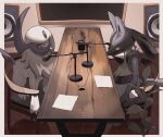  absol blue_fur border bright_pupils chair lucario microphone microphone_stand no_humans paper plant pokemon pokemon_(creature) red_eyes reo_(mmocc123) sitting table white_border white_fur white_pupils wooden_table 