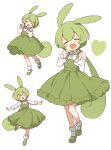  1girl :d absurdres blush clenched_hands closed_eyes collared_shirt dress facing_viewer foot_up frilled_dress frills green_dress green_footwear green_hair hands_up head_tilt heart highres long_hair long_sleeves low-tied_long_hair multiple_views open_mouth outstretched_arms pinafore_dress shirt shoes sidelocks simple_background sleeveless sleeveless_dress smile socks voicevox white_background white_shirt white_socks zundamon zunmut 