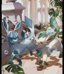  black_border blue_eyes blue_skin border brown_eyes bubble colored_skin column flower glaceon highres leafeon looking_at_another no_humans open_mouth outdoors pillar plant pokemon pokemon_(creature) reo_(mmocc123) rose shadow smile water 