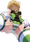 1girl absurdres akatsuki_kirika ass ass_visible_through_thighs blonde_hair blush breasts cameltoe covered_navel covered_nipples deep_skin elbow_gloves from_below gloves grabbing_own_thigh green_eyes green_thighhighs highres impossible_clothes impossible_leotard leotard looking_at_viewer medium_breasts open_mouth senki_zesshou_symphogear shiny_skin short_hair simple_background skin_tight skindentation smile solo spread_legs standing steaming_body striped_clothes striped_thighhighs sweat syunzou teeth thighhighs white_background 