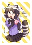  1girl :d animal_ears bad_id bad_twitter_id black_hair black_skirt border breasts brown_eyes commentary_request common_raccoon_(kemono_friends) cowboy_shot cropped_legs extra_ears fang food fur_collar grey_hair hair_between_eyes hands_up happy_valentine highres holding holding_food inactive_account japari_bun jmeysan kemono_friends looking_at_viewer medium_breasts multicolored_hair notice_lines open_mouth pleated_skirt purple_shirt raccoon_ears raccoon_tail shirt short_hair short_sleeves skirt smile solo tail translation_request white_border white_hair yellow_background 
