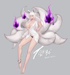  1girl ;) animal_ears anklet artist_name bangs barefoot black_panties braid breasts center_opening dated dress_shirt dungeon_and_fighter fire fox_ears fox_girl fox_tail french_braid full_body grey_background half_updo highres hitodama jewelry large_breasts long_hair long_sleeves looking_at_viewer multiple_tails no_bra one_eye_closed open_clothes open_shirt panties parted_lips shirt sleeves_folded_up smile solo tail tamidro underwear very_long_hair white_hair white_shirt 