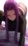  1girl absurdres all_fours black_panties black_sweater blue_pants blush breasts denim fate/stay_night fate_(series) forehead glasses highres jeans large_breasts long_hair long_sleeves looking_at_viewer medusa_(fate) medusa_(rider)_(fate) panties pants parted_bangs parted_lips purple_eyes purple_hair rororo sidelocks solo sweater underwear very_long_hair 
