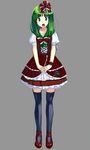  adapted_costume black_legwear bow dress front_ponytail full_body green_eyes green_hair grey_background hair_bow hair_ribbon interlocked_fingers kagiyama_hina long_hair looking_at_viewer open_mouth ribbon simple_background solo takuzui thigh_gap thighhighs touhou 