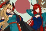  2girls absurdres black_horns blonde_hair breasts china_dress chinese_clothes cleavage_cutout clothing_cutout dragon_horns dragon_print dress facial_mark fate/grand_order fate_(series) hair_over_one_eye highres hiyoko_no_tamago horns large_breasts long_hair long_horns looking_at_viewer multiple_girls nero_claudius_(fate) oda_nobunaga_(fate) oda_nobunaga_(maou_avenger)_(fate) print_dress queen_draco_(fate) queen_draco_(third_ascension)_(fate) red_eyes red_hair red_scales scales smile very_long_hair wavy_hair 