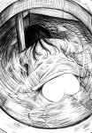  1girl asphyxiation ass bottomless commentary_request disorder! drowning floating from_behind greyscale highres long_hair monochrome open_clothes original solo water 
