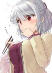  1girl artist_request blush breasts buttons chopsticks feathered_wings from_below hair_between_eyes hair_ornament hand_to_own_mouth hands_up holding holding_chopsticks jacket kishin_sagume large_breasts long_sleeves looking_to_the_side nose red_eyes short_hair simple_background single_wing solo touhou translation_request upper_body white_background wings 
