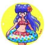  1girl :d bikini blush breasts cleavage double_bun flower frilled_bikini frills hair_bun hair_flower hair_ornament holding holding_swim_ring long_hair looking_past_viewer navel pink_bikini pink_flower polka_dot_innertube purple_eyes purple_hair ranma_1/2 shampoo_(ranma_1/2) sidelocks signature small_breasts smile swim_ring swimsuit two-tone_background wanta_(futoshi) water_drop yellow_circle 