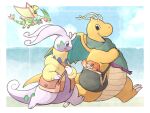  ampharos artist_name bag claws cloth clothed_pokemon dragon dragonite flygon flying goodra highres jacket knhb_tail no_humans open_clothes open_jacket pokemon pokemon_(creature) running scales scarf smile tatsugiri wings 