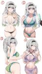  1girl 1other absurdres alternate_costume aqua_bikini ass bare_arms bare_shoulders bikini bikini_under_clothes black_bikini black_hairband blush breasts breasts_apart commentary crop_top english_commentary firefly_(honkai:_star_rail) green_bikini grey_hair grin hairband hand_up hands_up heart highres honkai:_star_rail honkai_(series) kagurachi large_breasts long_hair looking_at_viewer medium_breasts midriff multiple_views navel off_shoulder one_eye_closed open_mouth own_hands_together ponytail purple_eyes sarong see-through shirt sidelocks simple_background single_bare_shoulder sky smile spaghetti_strap standing stomach swimsuit thighs tied_shirt very_long_hair white_background white_shirt 