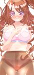  1girl absurdres ass_visible_through_thighs belly bra breasts brown_hair brown_pantyhose cleavage highres idolmaster idolmaster_cinderella_girls large_breasts long_hair myuc-ed8s navel one_side_up panties panties_under_pantyhose pantyhose pink_bra pink_panties shimamura_uzuki simple_background solo stomach thigh_gap underwear very_long_hair white_background 