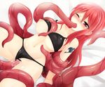  1girl bikini black_bikini black_swimsuit blush breasts censored erza_scarlet fairy_tail forced long_hair navel pussy rape red_eyes red_hair solo swimsuit tattoo tentacle vaginal very_long_hair wince 