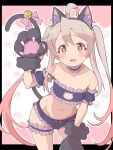  1girl absurdres ahoge alternate_costume animal_ears animal_hands ass_visible_through_thighs bare_shoulders bell black_border black_bra black_choker black_panties blush border bow bra breasts bridal_garter bright_pupils brown_eyes cat_ears cat_lingerie cat_tail choker claws collar collarbone commentary cowboy_shot d: detached_sleeves embarrassed fake_animal_ears fake_tail frilled_bra frilled_collar frilled_panties frilled_sleeves frills gloves hair_between_eyes hand_up highres jingle_bell light_brown_hair long_hair looking_at_viewer meme_attire onii-chan_wa_oshimai! open_mouth oyama_mahiro panties paw_gloves paw_print pink_bow raised_eyebrows short_sleeves sidelocks simple_background small_breasts solo straight_hair tail tail_bell tail_bow tail_ornament tail_raised tareme teeth twintails u_illustrator underwear upper_teeth_only very_long_hair white_background 