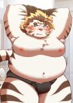 anthro belly blue_eyes blush briefs bulge clothing dosanco15 embarrassed felid fur hi_res licho_(tas) lifewonders male mammal moobs navel nipples overweight pantherine solo striped_body striped_fur stripes tiger tokyo_afterschool_summoners underwear undressing white_body white_fur