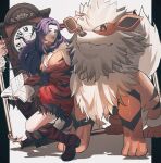  1girl arcanine book breasts bright_pupils brown_eyes clock commission dog dress fangs fluffy highres holding holding_book light_smile lips orange_fur pokemon pokemon_(creature) purple_hair red_dress reo_(mmocc123) skeb_commission striped_fur two-tone_boots two-tone_dress two-tone_footwear white_pupils 
