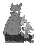 &gt;o&lt; 2024 4:5 absurd_res annoyed_expression anthro belly_grab boxer_briefs boxer_briefs_only bulge clothed clothing duo female hi_res loomy_(comifur) male male/female monochrome nifram_logan open_mouth pizademokttero simple_background size_difference slightly_chubby topless underwear underwear_only