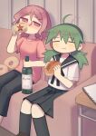  2girls ahoge beer_can black_pants black_sailor_collar black_skirt black_socks blush bottle breasts can closed_eyes closed_mouth couch drink_can drinking drunk eating food futami_ya green_hair hair_between_eyes highres holding holding_bottle holding_can holding_food indoors kneehighs long_hair looking_at_another looking_to_the_side low_twintails medium_breasts medium_hair mogawa_(shimeji_simulation) multiple_girls nose_blush notepad on_couch pants pink_eyes pink_hair pink_shirt pleated_skirt sailor_collar school_uniform serafuku shimeji_simulation shirt short_sleeves sitting skirt smile socks sumida_(shimeji_simulation) t-shirt twintails white_shirt yakisobapan 