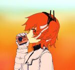  1girl a.i._voice adachi_rei aromemi black_shirt blank_stare cassette_player closed_mouth empty_eyes expressionless floating_hair from_side gloves gradient_background hair_ribbon hand_up holding jacket netsu_ijou_(utau) one_side_up orange_background orange_eyes orange_hair radio_antenna ribbon shirt short_hair solo turtleneck turtleneck_shirt upper_body utau white_gloves white_jacket white_ribbon 