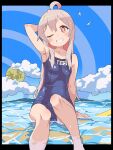  1girl ;d absurdres ahoge arm_at_side arm_behind_head arm_up armpits bird black_border blue_one-piece_swimsuit blue_sky blush border breasts bright_pupils brown_eyes character_name cloud collarbone commentary day feet_out_of_frame grin hair_between_eyes hair_over_shoulder happy head_tilt highres knee_up long_hair looking_at_viewer one-piece_swimsuit one_eye_closed onii-chan_wa_oshimai! outdoors oyama_mahiro school_swimsuit seagull sidelocks sitting sky small_breasts smile solo straight_hair swimsuit tareme u_illustrator very_long_hair water wet wet_clothes wet_swimsuit 