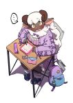 anthro backpack blush bottomwear bovid bow_(feature) breasts brown_body brown_skin caprine chair charm clothed clothing ellipsis envelope female footwear fur furniture hair heart_symbol hi_res high-angle_view holding_object holding_pen horizontal_pupils i_love_you kemono looking_at_viewer looking_up looking_up_at_viewer love_letter mammal note open_mouth pen pencil_case pupils school_desk shadow sheep shoes simple_background skirt sneakers socks solo sticker_pack surprised_expression sweater teteteko topwear white_background white_body white_fur white_hair writing_text yellow_eyes