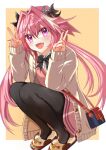  1boy absurdres animal_slippers astolfo_(fate) astolfo_(saber)_(fate) astolfo_(tour_outfit)_(fate) bag black_bow black_pantyhose blush bow brown_cardigan buttons cardigan double_v dress eyelashes fang fate/apocrypha fate/grand_order fate_(series) full_body hair_between_eyes hair_bow hair_intakes handbag highres long_hair low_twintails male_focus multicolored_hair open_cardigan open_clothes open_mouth otoko_no_ko pantyhose pink_dress pink_hair purple_eyes skin_fang slippers smile solo squatting streaked_hair twintails twitter_username two-tone_hair v very_long_hair white_cardigan white_hair zerobi 
