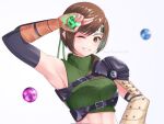  1girl arm_up armor armpits blurry blurry_background blush breasts brown_eyes brown_gloves brown_hair commentary corrupted_twitter_file cropped_shirt elbow_gloves english_commentary eyelashes final_fantasy final_fantasy_vii fingerless_gloves gloves green_shirt grey_background headband highres holding looking_at_viewer master_sick_art materia one_eye_closed parted_bangs ribbed_shirt salute shirt short_hair shoulder_armor sidelocks simple_background single_bare_shoulder sleeveless sleeveless_shirt small_breasts smile solo swept_bangs teeth two-finger_salute upper_body yuffie_kisaragi 