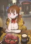  1girl absurdres bottle breasts brown_hair choker cleavage commentary_request cup food fork hand_on_own_face highres jun_(navigavi) knife leaning_forward long_hair looking_at_another meat medium_breasts mug orange_eyes original ponytail potato red_ribbon ribbon sausage solo table translation_request wooden_table wrist_cuffs 