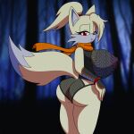 big_breasts breasts butt clothing female fishnet_clothing fox_tail handwear looking_at_viewer looking_back looking_back_at_viewer miyuki_the_fox ninja nipple_outline scarf sin_the_hedgehog sinshadowed tail warrior