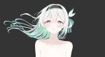  1girl absurdres aqua_pupils bare_shoulders blush collarbone firefly_(honkai:_star_rail) floating_hair gradient_hair grey_background grey_hair hairband highres honkai:_star_rail honkai_(series) long_hair looking_at_viewer multicolored_hair nei1122 nude out-of-frame_censoring parted_lips pink_eyes simple_background solo 