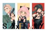  1boy 2girls ahoge anya_(spy_x_family) black_dress blonde_hair breasts bun_cover clenched_hands closed_mouth collared_shirt cone_hair_bun dress flower gold_hairband golden_rose green_eyes gun hair_bun hair_flower hair_ornament hairband hands_up holding holding_gun holding_weapon large_breasts looking_to_the_side multiple_girls open_mouth red_ribbon ribbon sapphire_(nine) shirt sleeveless sleeveless_dress smile spy_x_family twilight_(spy_x_family) weapon white_shirt yor_briar 