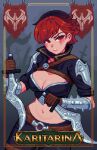  1girl breasts card_(medium) character_name cleavage cowboy_shot dagger dual_wielding holding holding_dagger holding_knife holding_weapon kari_kozhevnikova knife looking_at_viewer midriff navel pixel_art red_eyes red_hair scar scar_across_eye short_hair solo weapon yumykon yumyverse 
