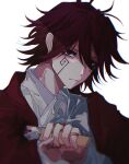  1boy blood blood_on_clothes carpaccio_luo-yang closed_mouth collared_shirt facial_mark highres jewelry knife mashle ni_(x_no_no_x) red_eyes red_hair red_robe ring robe shirt short_hair solo spiked_hair stab upper_body white_background white_shirt 