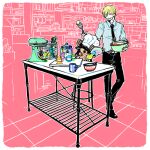  2boys :d black_necktie black_pants blue_shirt bowl chef_hat closed_eyes cookie cooking cream cup food grin hat holding holding_pastry_bag itowo_(itowc) male_focus mug multiple_boys necktie one_piece pants pastry_bag sanji_(one_piece) shirt smile standing table tony_tony_chopper whip whisk 
