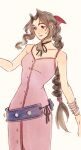  1girl aerith_gainsborough belt braid brown_hair closed_mouth commentary dress english_commentary final_fantasy final_fantasy_vii green_eyes highres long_hair low-tied_long_hair mmariesr multiple_bracelets pink_dress simple_background smile solo standing white_background 
