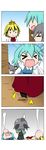  &gt;_&lt; 3girls 4koma absurdres animal_ears black_hair blonde_hair blue_hair capelet chibi closed_eyes comic dress emphasis_lines facepalm grey_dress grey_hair hair_ornament head_bump highres mouse_ears multicolored_hair multiple_girls nazrin open_mouth rakugaki-biyori silent_comic smile solid_circle_eyes sweatdrop tatara_kogasa tears toramaru_shou touhou tripping two-tone_hair 