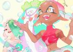  1boy 2girls :d bare_shoulders big_man_(splatoon) blue_hair blush_stickers bubble chest_sarashi colored_eyelashes crop_top dango dango_earrings dark-skinned_female dark_skin earrings fangs flower flower_earrings folded_fan folding_fan food food-themed_earrings food_on_head frye_(splatoon) gradient_hair green_hair hair_flower hair_ornament hair_over_one_eye hand_fan holding holding_fan inkling jewelry kamikaihi_game long_hair looking_up manta_ray midriff multicolored_hair multiple_girls navel object_on_head octoling official_alternate_costume one_eye_covered open_mouth pink_hair pink_shawl pink_shirt pointy_ears red_eyes sarashi see-through_shawl shawl shirt shiver_(splatoon) sleeveless sleeveless_shirt smile splatoon_(series) splatoon_3 star-shaped_pupils star_(symbol) suction_cups symbol-shaped_pupils tentacle_hair two-tone_hair upper_body wagashi white_background yellow_eyes 