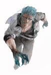  1boy absurdres arrancar belt black_pants bleach bleach:_sennen_kessen-hen blue_eyes blue_hair claws commentary_request facial_hair fighting_stance foreshortening full_body grimmjow_jaegerjaquez grin highres ikuyoan jacket katana leaning_forward long_sleeves looking_to_the_side nose open_clothes open_jacket open_mouth pants short_hair sidelighting signature simple_background sleeves_rolled_up smile solo spiked_hair sword tsurime v-shaped_eyebrows weapon white_background white_belt white_jacket 