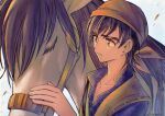  1boy animal bandana black_hair blue_shirt brown_eyes brown_hair closed_eyes closed_mouth coat collarbone commentary_request dragon_quest dragon_quest_viii hero_(dq8) highres horse looking_at_another medea mouyi petting red_bandana shirt sleeveless sleeveless_coat upper_body yellow_coat 