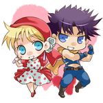  1girl bandana black_hair blonde_hair chibi dress earrings fingerless_gloves gloves jewelry jojo_no_kimyou_na_bouken joseph_joestar_(young) makokb midriff purple_hair scarf suzi_q 