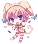  1girl blonde_hair blush cat_sidhe_nekoko cat_tail chibi drugs full_body hat highres jester_cap korokoro_cat looking_at_viewer open_mouth pill purple_eyes shirt short_hair simple_background skirt smile solo striped_clothes striped_thighhighs tail thighhighs white_background yume_miru_kusuri 