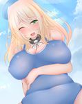  atago_(kantai_collection) bare_shoulders belly blonde_hair breasts cloud covered_navel day green_eyes hat highres kantai_collection large_breasts long_hair looking_at_viewer navel one-piece_swimsuit raised_eyebrows sky solo suiren_(mystia6b) swimsuit wince 