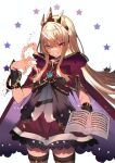  1girl blonde_hair blunt_bangs book bracelet bracer brooch cagliostro_(granblue_fantasy) cape cowboy_shot granblue_fantasy grin hairband hand_up highres jewelry looking_at_viewer open_book purple_eyes red_cape red_skirt sidelocks skirt smile solo soukou_makura spiked_hairband spikes star_(symbol) starry_background thighhighs tiara zettai_ryouiki 