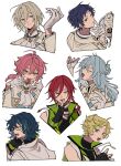  6+boys ahoge aoba_tsugumi aoi_(yooo009) black_gloves blonde_hair blue_eyes blue_hair brown_eyes closed_mouth ensemble_stars! fingerless_gloves fushimi_yuzuru glasses gloves grey_eyes hair_between_eyes harukawa_sora hibiki_wataru highres himemiya_tori jacket jewelry long_sleeves looking_at_viewer male_focus multicolored_hair multiple_boys multiple_views necklace non-web_source one_eye_closed open_mouth profile red_hair sakasaki_natsume scarf short_hair simple_background sleeveless smile sweatdrop teeth tenshouin_eichi upper_body white_background white_jacket yellow_eyes 