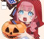  +_+ 1girl absurdres blue_eyes bow bowtie braid building candy candy_bar child choker cloak cosplay dress dual_persona food gradient_hair hair_wings halloween halloween_bucket head_wings highres holding hololive hood hood_up jack-o&#039;-lantern little_red_riding_hood_(grimm) little_red_riding_hood_(grimm)_(cosplay) long_hair multicolored_hair night open_mouth paid_reward_available pink_hair pumpkin red_bow red_bowtie red_cloak red_hood snickers_(brand) solo speed_lines takane_lui trick_or_treat twin_braids white_choker white_dress white_hair wide-eyed wings yan_jhia 