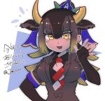  1girl :d animal_ears bad_id bad_twitter_id black_gloves black_hair black_shirt blonde_hair breasts broken_horn brown_hair collared_shirt commentary_request dark-skinned_female dark_skin fingerless_gloves gloves goshingyu-sama_(kemono_friends) hair_between_eyes hand_up horns inactive_account jmeysan kemono_friends large_breasts long_hair looking_at_viewer multicolored_hair necktie open_mouth ox_ears ox_horns red_necktie shirt smile solo translation_request twitter_username upper_body yellow_eyes yellow_horns 